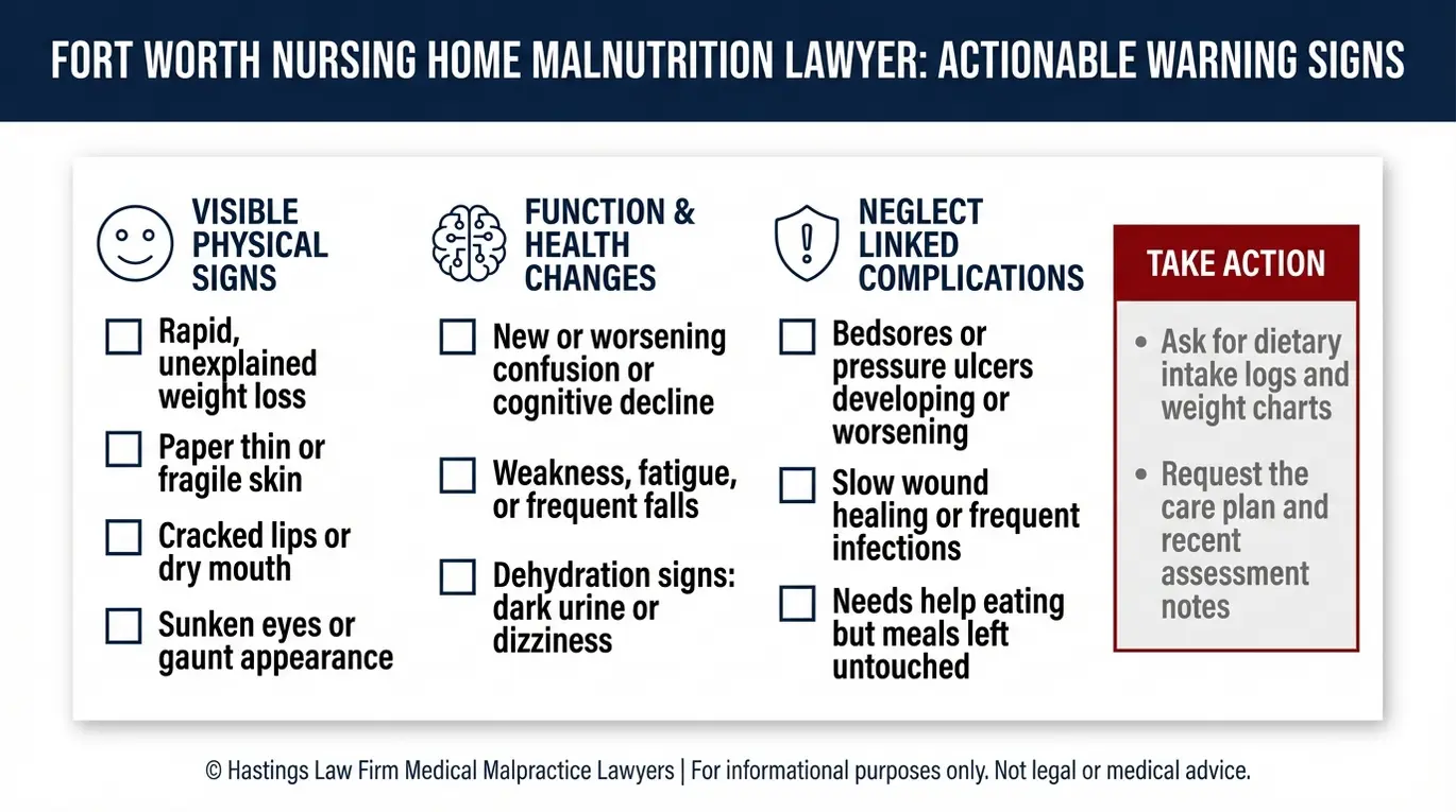 Checklist of warning signs used by a Fort Worth Nursing Home Malnutrition Lawyer to spot actionable neglect including rapid weight loss dehydration cognitive decline and pressure ulcers.