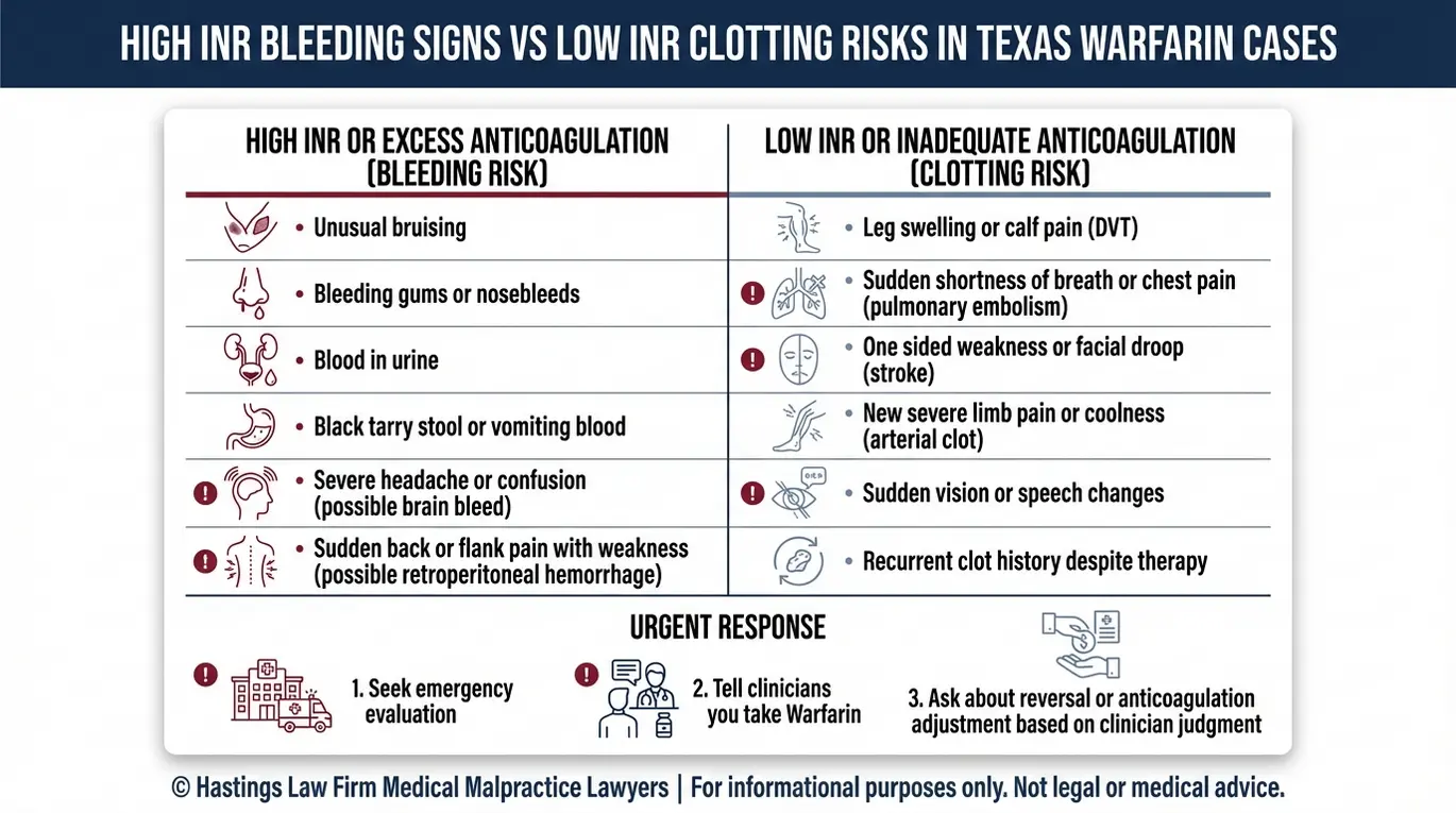 Tabla comparativa de los síntomas de hemorragia por INR alto y los riesgos de coagulación por INR bajo para los lectores que busquen un Abogado de Mala Gestión de Warfarina Texas.