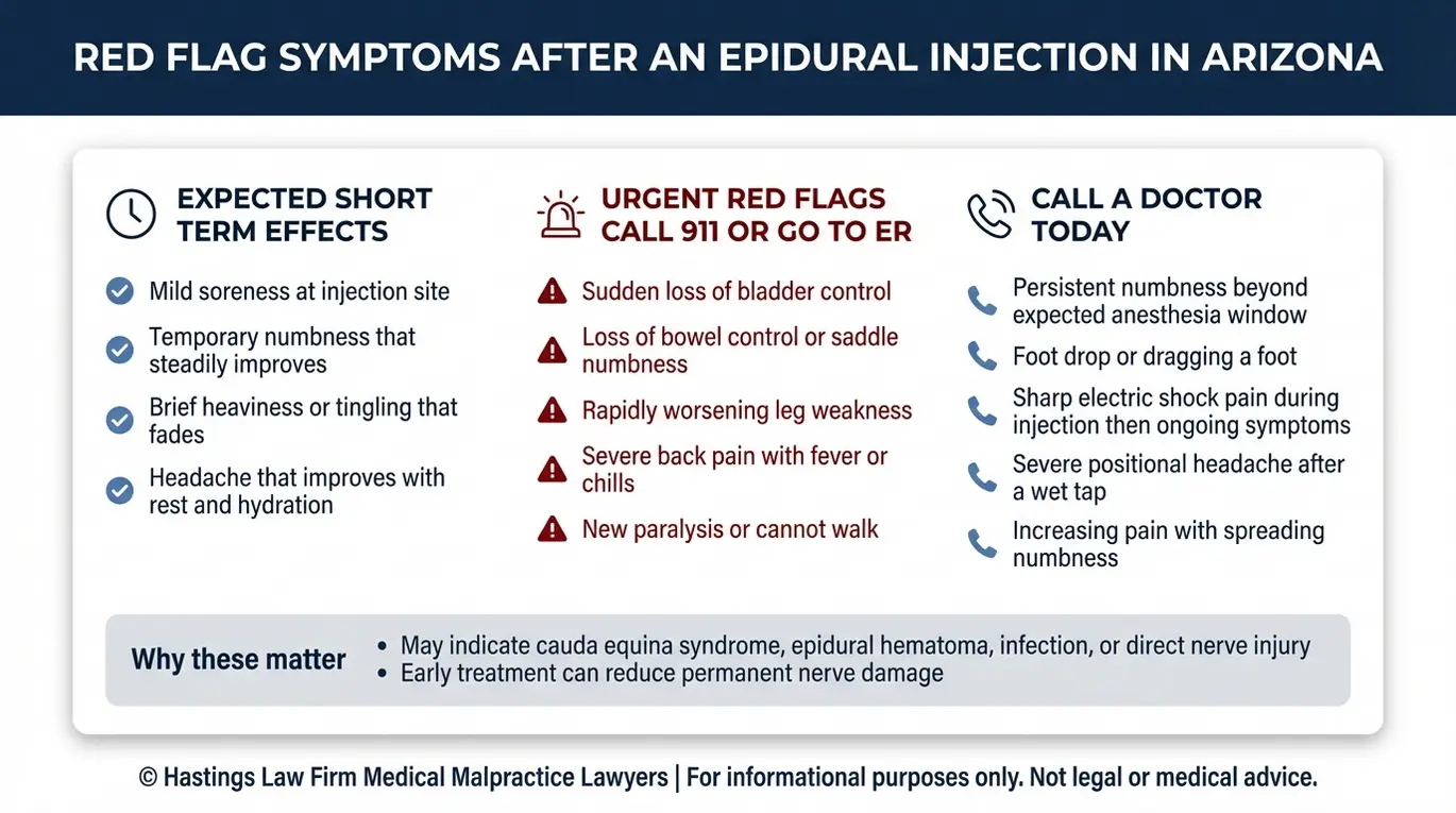 Warning checklist of red flag neurological symptoms after an epidural injection that an Arizona Epidural Injection Injury Lawyer reviews in potential malpractice claims.