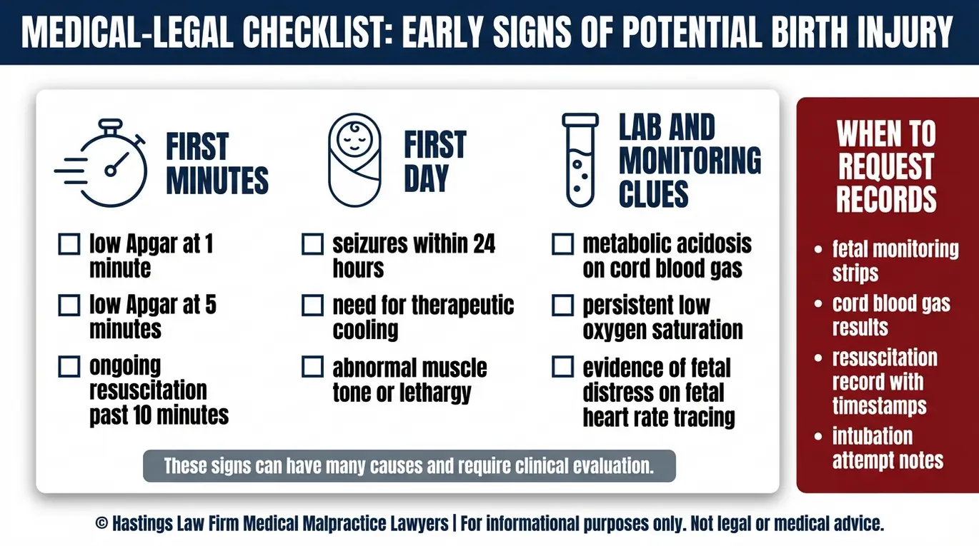 Checklist of warning signs after delayed ventilation including Apgar timeline seizures therapeutic cooling and cord blood acidosis relevant to a Texas Infant Delayed Airway Management Lawyer review.