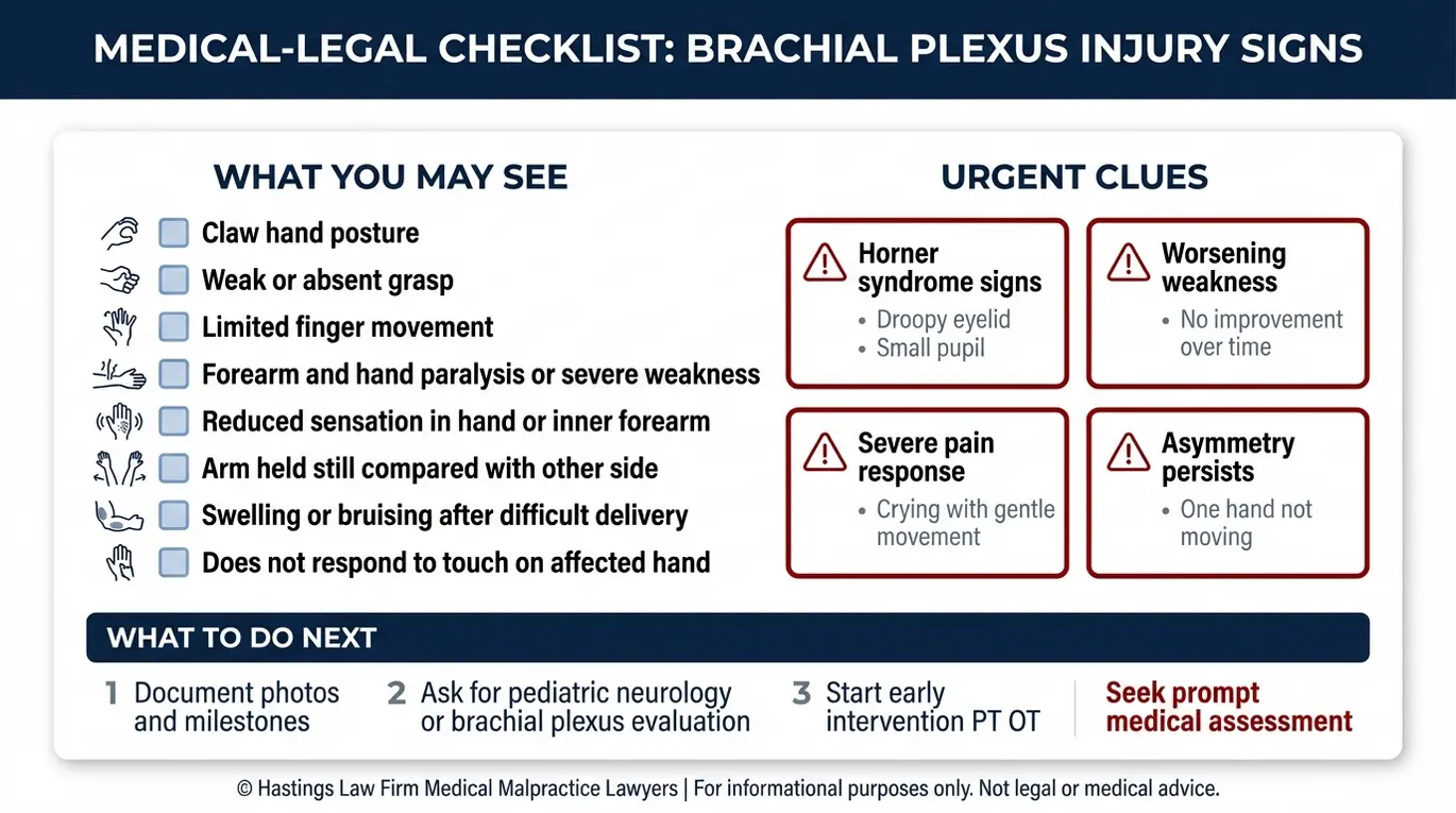 Checklist of newborn signs of nerve damage such as claw hand and Horner syndrome that may indicate Klumpke palsy, helping families prepare questions for a Texas Klumpke’s Palsy Lawyer.