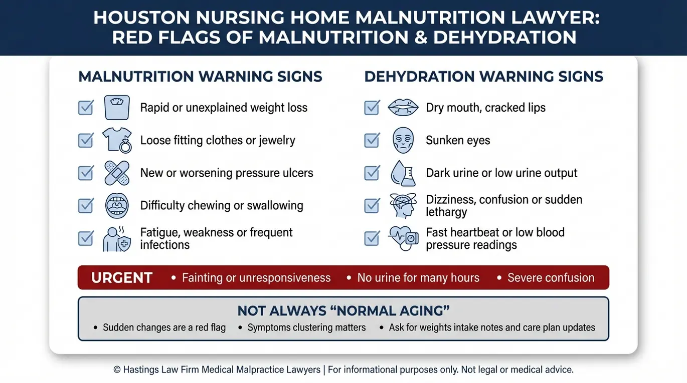 Checklist of malnutrition and dehydration warning signs used by a Houston Nursing Home Malnutrition Lawyer to help families recognize urgent red flags in elderly residents.