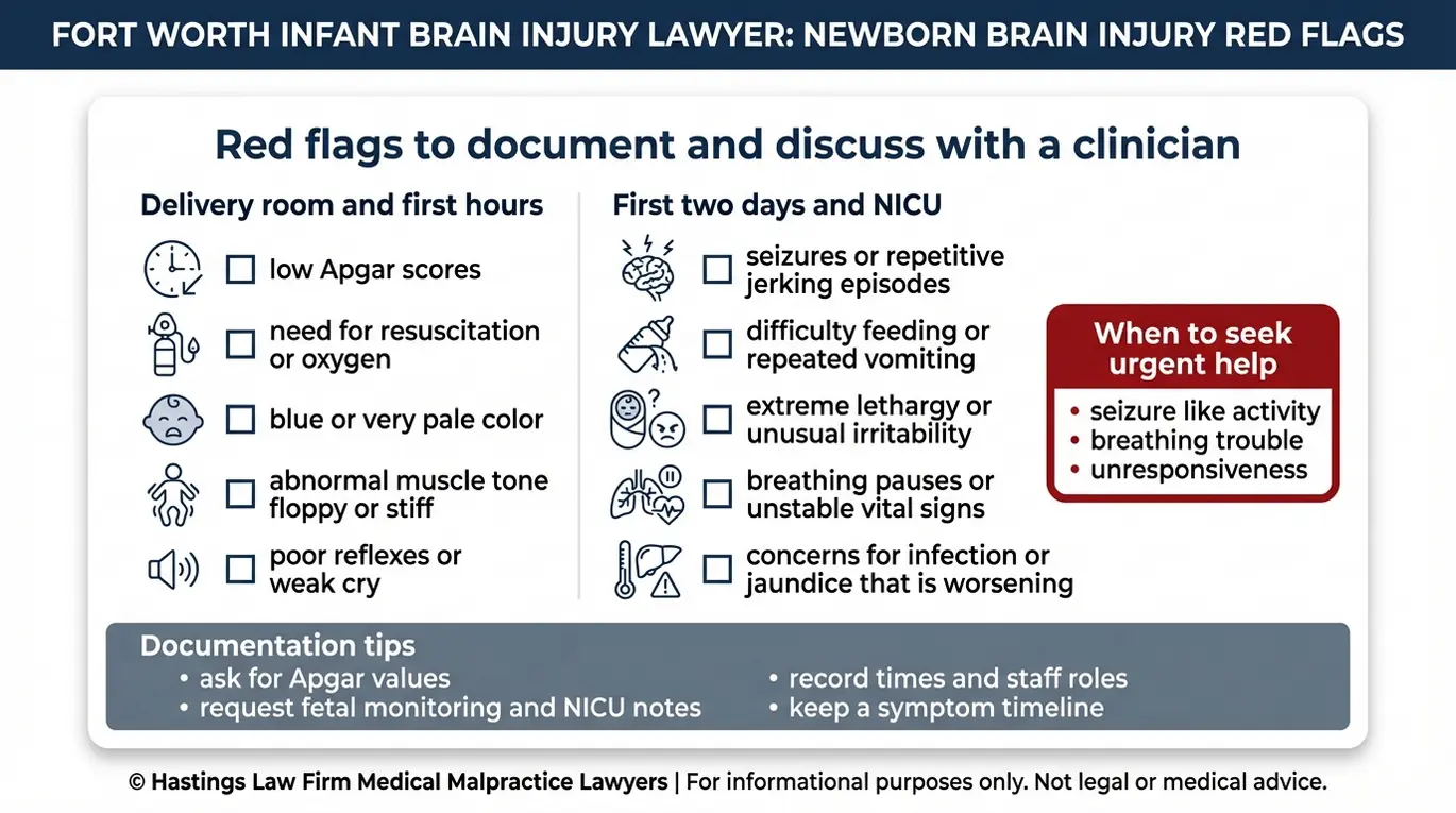 Warning checklist of newborn brain injury signs for a Fort Worth Infant Brain Injury Lawyer including low Apgar seizures feeding difficulty abnormal muscle tone and urgent care red flags.