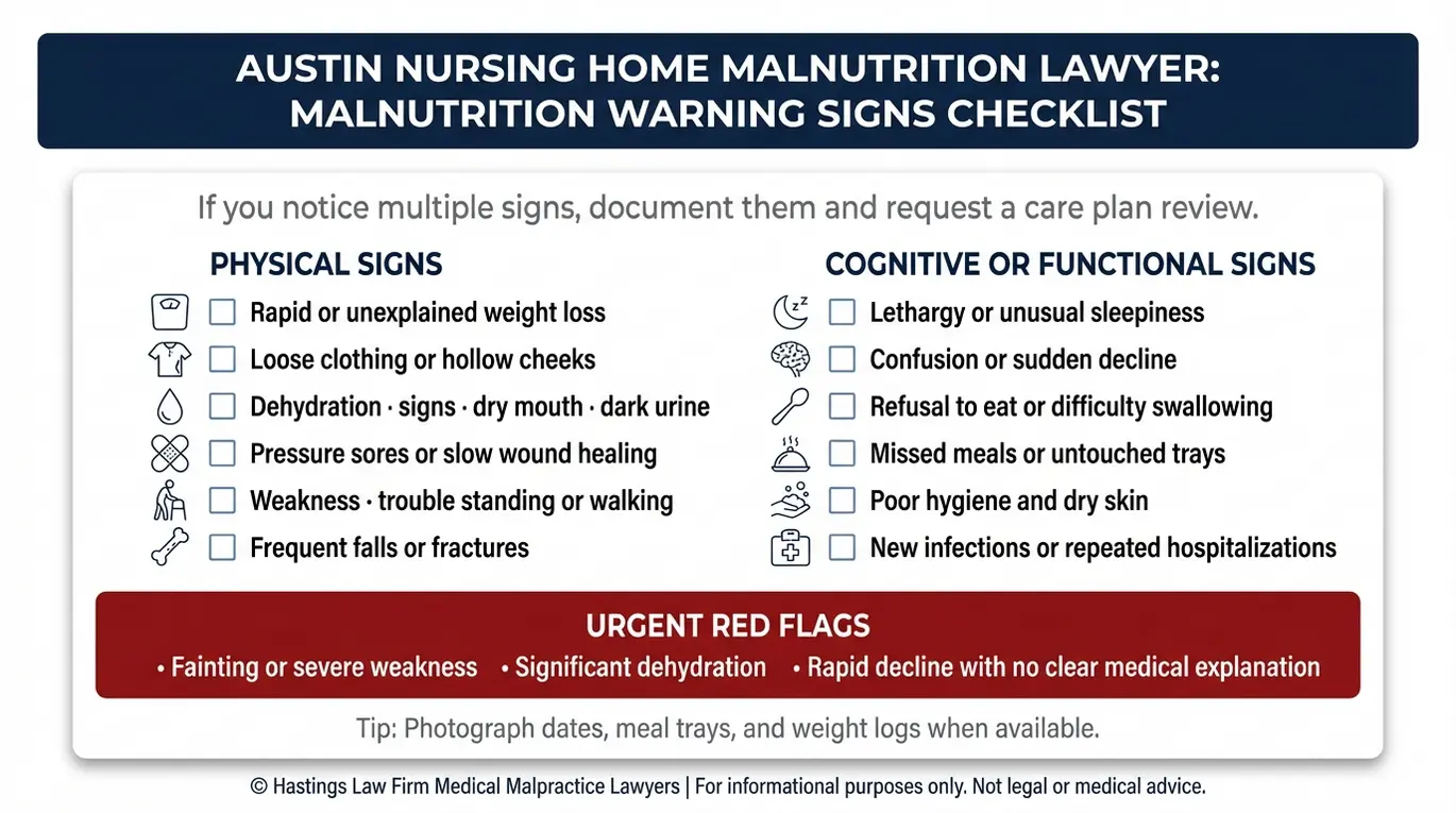 Checklist of physical and cognitive red flag symptoms used by an Austin Nursing Home Malnutrition Lawyer to identify elderly malnutrition and dehydration including weight loss pressure sores confusion and falls.
