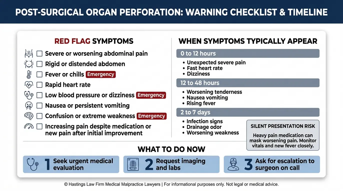 Lista de verificación de advertencias y cronología de síntomas para identificar señales de alerta posoperatorias que puedan justificar la evaluación de un abogado especializado en perforaciones u organos en Arizona, incluyendo dolor, fiebre, presión arterial baja e indicadores de sepsis.