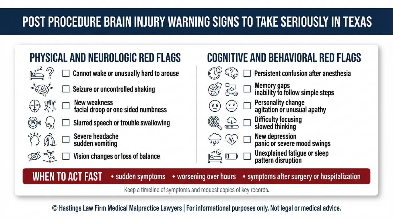 Lista de comprobación de advertencias creada por un abogado de Texas especializado en lesiones cerebrales por negligencia médica en la que se enumeran las señales de alarma físicas, cognitivas y conductuales de lesiones cerebrales adquiridas en el hospital tras una intervención quirúrgica o anestesia.