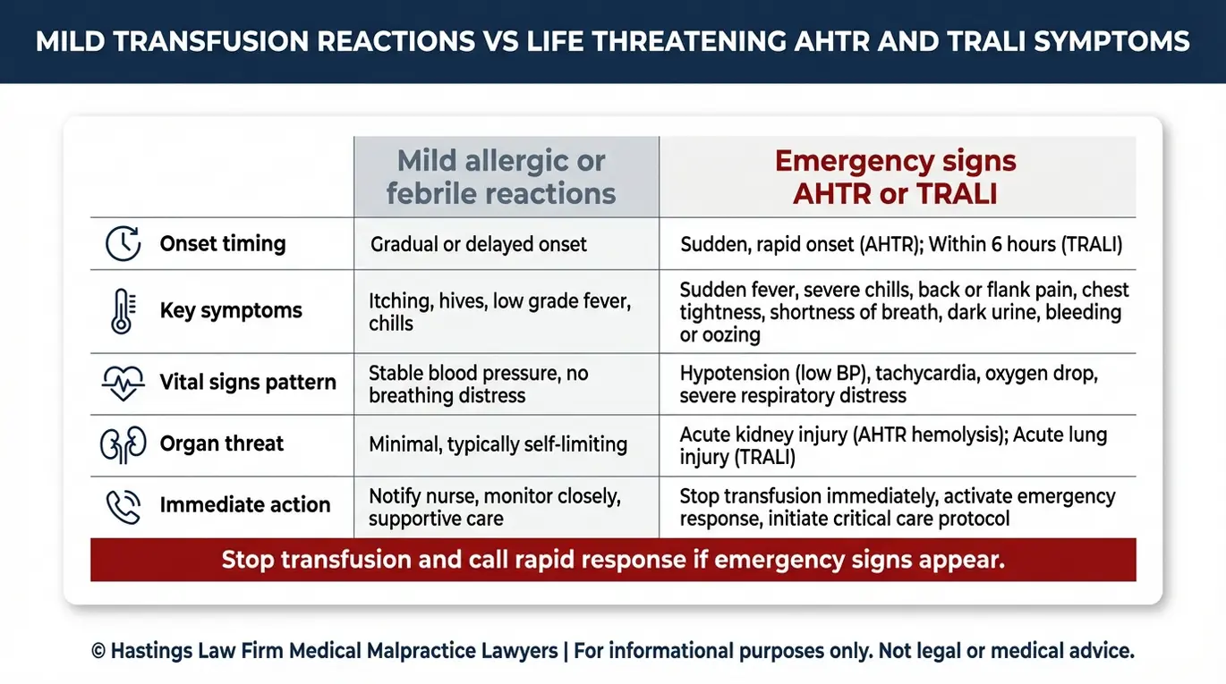 Tabla comparativa de reacciones leves a la transfusión frente a síntomas de AHTR y TRALI de urgencia, utilizada en casos de errores en transfusiones sanguíneas gestionados por un abogado especializado en errores de transfusión sanguínea Texas.