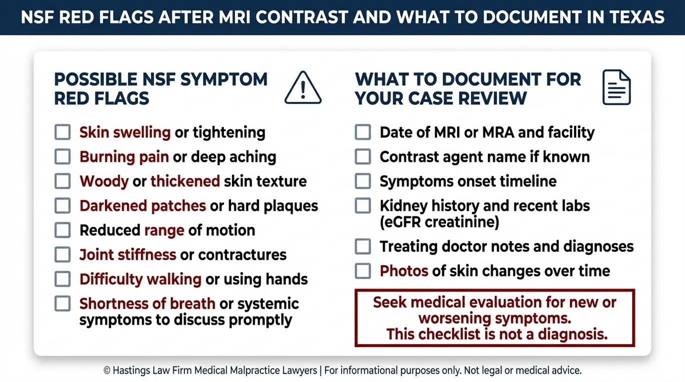 Warning checklist of nephrogenic systemic fibrosis symptoms and documentation steps commonly reviewed by a Texas Contrast Dye Injury Lawyer after gadolinium contrast exposure.