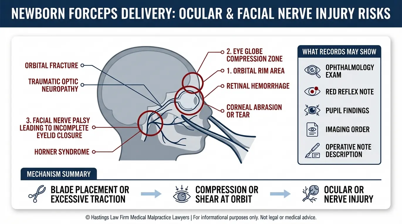 Clinical diagram showing how a forceps assisted delivery can cause infant eye trauma and nerve damage for an Arizona Forceps Eye Birth Injury Lawyer case evaluation.