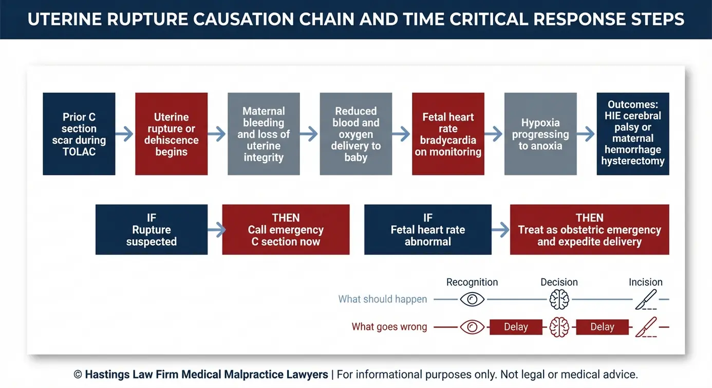 Flowchart illustrating uterine rupture mechanism and delay to hypoxia outcomes used by an Arizona VBAC Complications Lawyer to explain causation in VBAC birth injury claims.