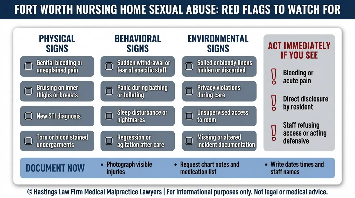 Warning checklist of Fort Worth nursing home sexual abuse red flags with physical, behavioral, and environmental indicators plus urgent action triggers.