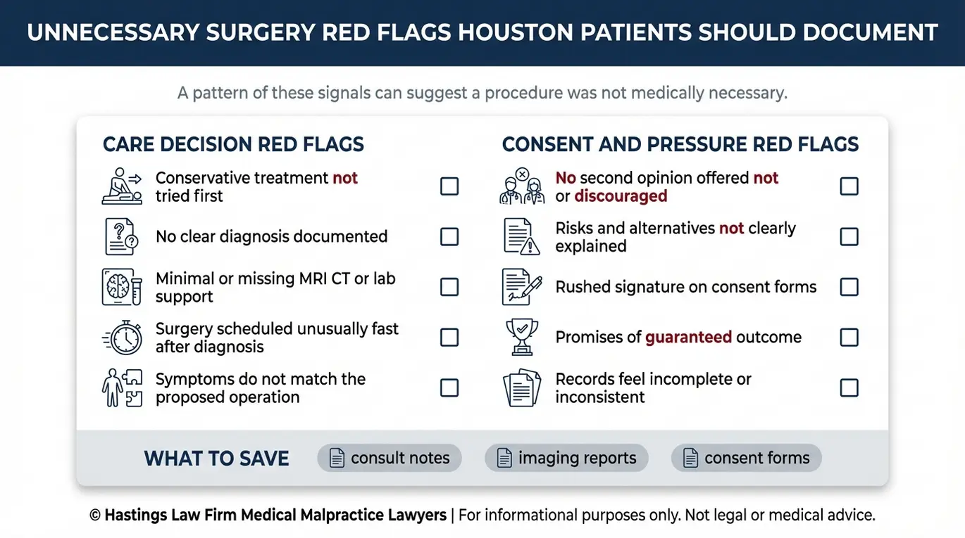 Checklist of warning signs a Houston Unnecessary Surgery Lawyer reviews including missing conservative treatment, rushed consent, no second opinion, weak diagnostic support, and pressure tactics.