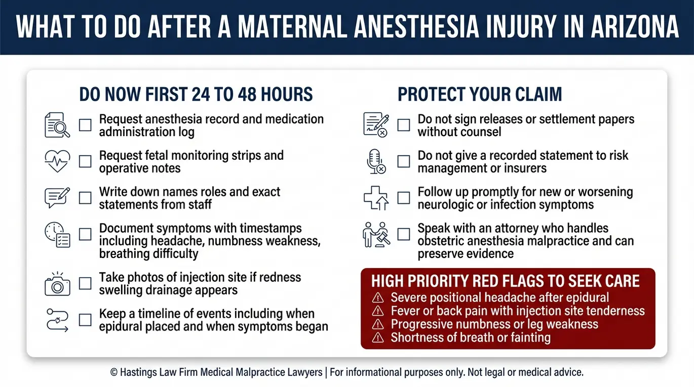 Checklist of immediate evidence and safety steps after an anesthesia injury for families considering an Arizona Maternal Anesthesia Complications Lawyer.