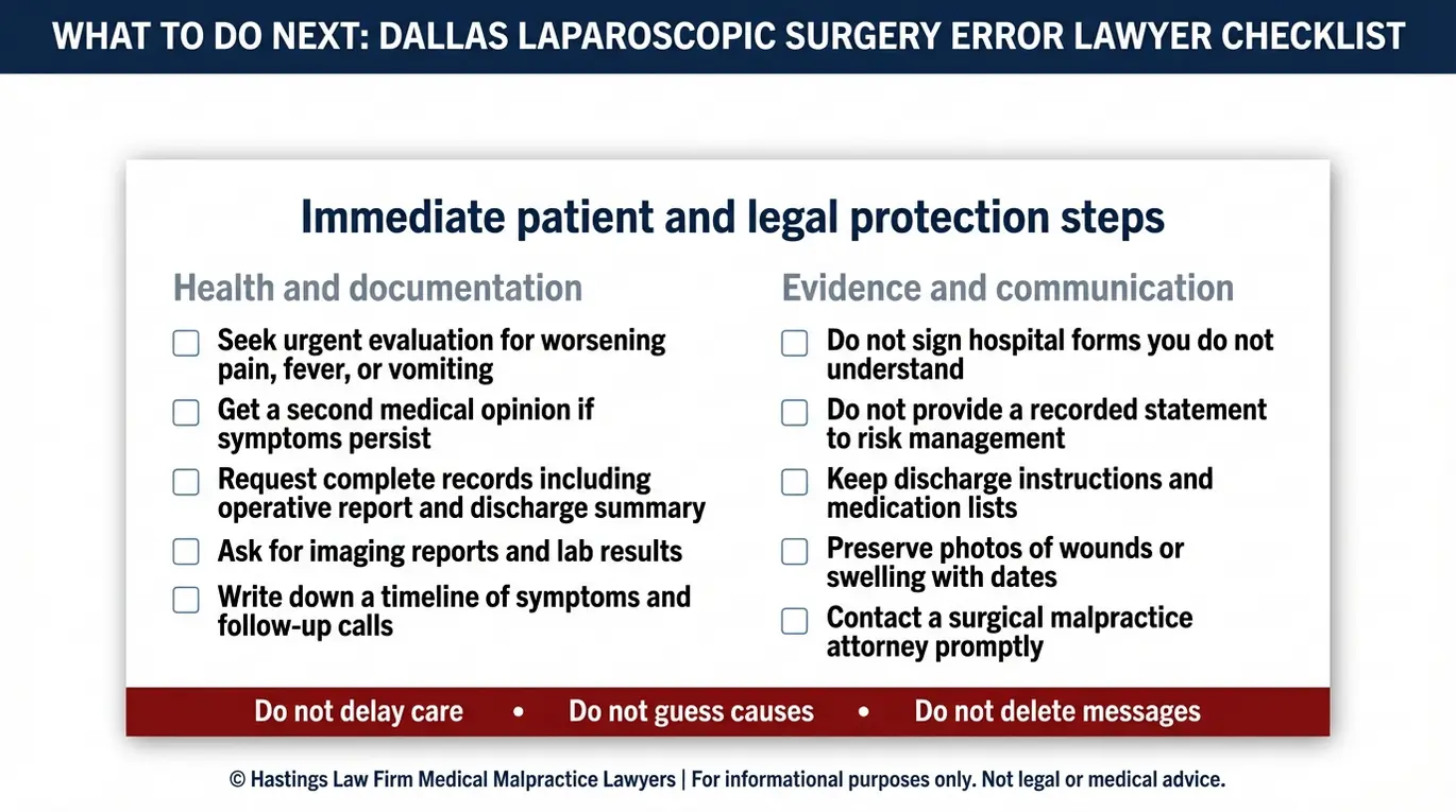Lista de comprobación de advertencia que esboza los pasos médicos y de pruebas urgentes tras una sospecha de complicación para los asuntos de Dallas Laparoscopic Surgery Error Lawyer, incluidas las solicitudes de registros y la evitación de declaraciones de gestión de riesgos.