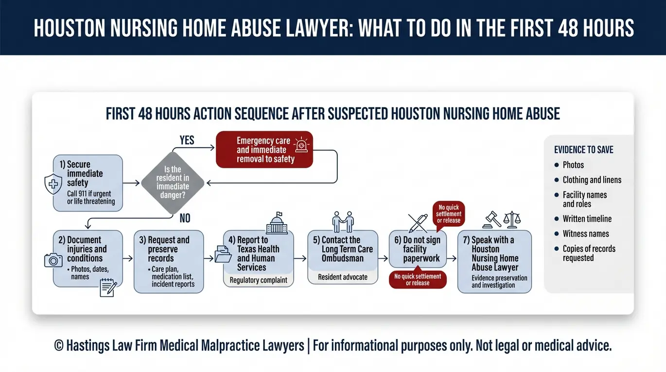 Diagrama de flujo de las primeras 48 horas que muestra los pasos de notificación y documentación tras una sospecha de maltrato, destinado a un abogado especializado en casos de maltrato en residencias de ancianos de Houston.