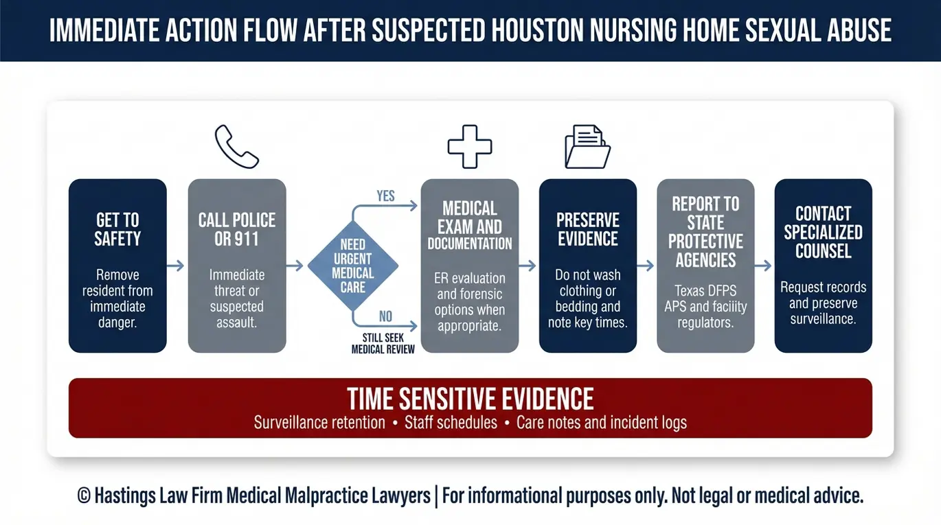 Step by step flowchart for what families should do first when contacting a Houston Nursing Home Sexual Abuse Lawyer after suspected abuse.