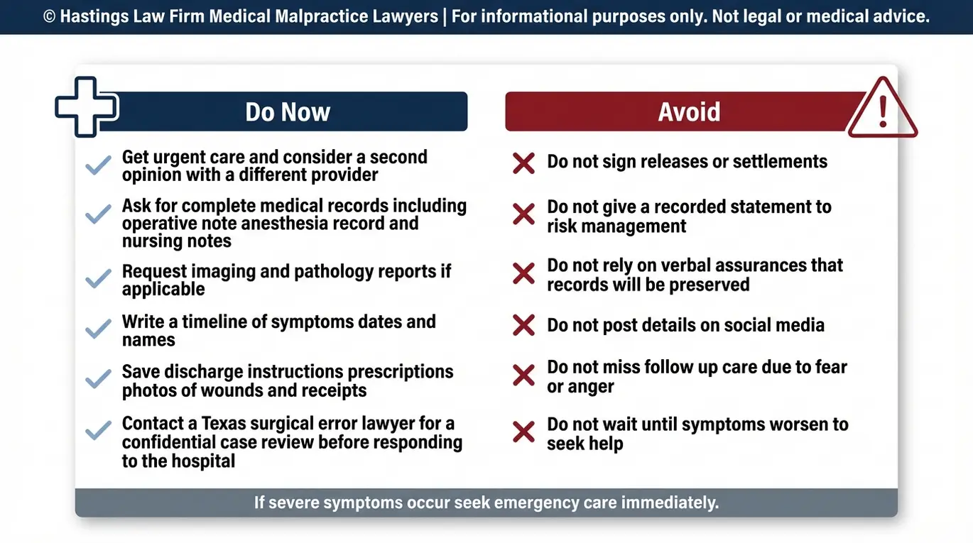 Lista de verificación de precauciones elaborada por un abogado especializado en errores quirúrgicos de Texas, en la que se describen las medidas inmediatas que se deben tomar ante la sospecha de una cirugía mal realizada, entre ellas: solicitar una segunda opinión, pedir el expediente médico, documentar los síntomas y evitar las declaraciones de gestión de riesgos o la firma de exenciones de responsabilidad.