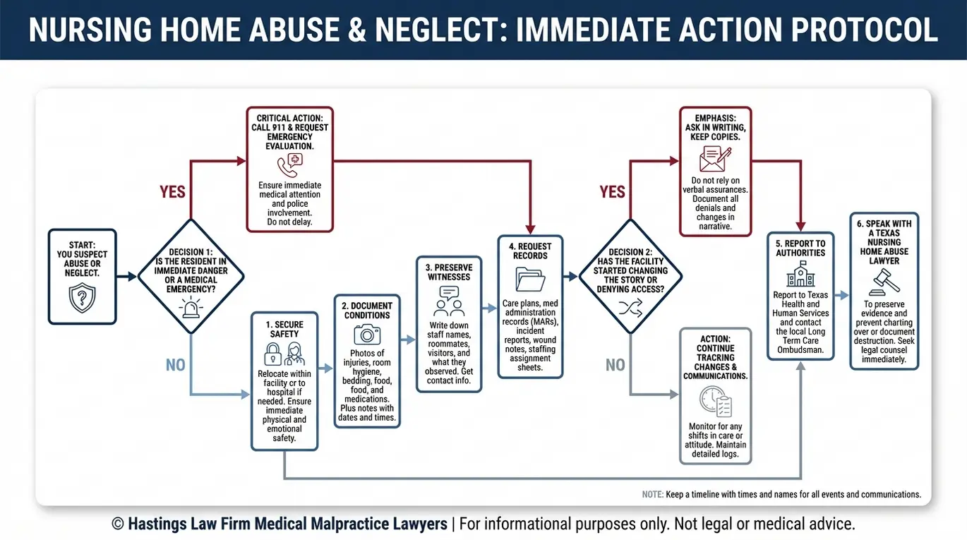 Process flowchart showing immediate safety steps documentation record requests and Texas HHS reporting before speaking with a Texas Nursing Home Abuse Lawyer.