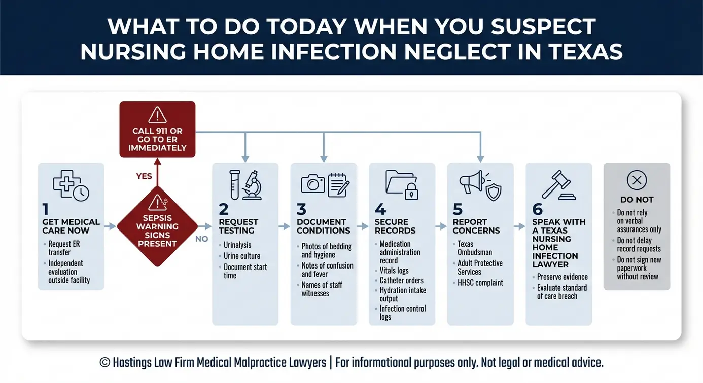 Step by step flowchart for families on medical care documentation reporting and legal consultation in a Texas Nursing Home Infection Lawyer situation.