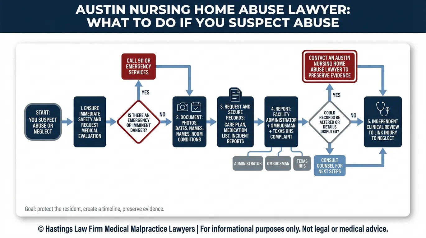 Process flowchart for an Austin Nursing Home Abuse Lawyer showing what to do after suspected neglect including emergency safety documentation securing records reporting to the ombudsman and Texas HHS and contacting counsel to preserve evidence.