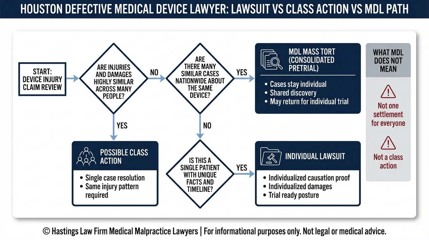 Diagrama de flujo para un abogado especializado en dispositivos médicos defectuosos de Houston que explica cuándo un caso es una demanda individual, una demanda colectiva o un MDL, en función de la similitud de las lesiones y las demandas presentadas a nivel nacional.
