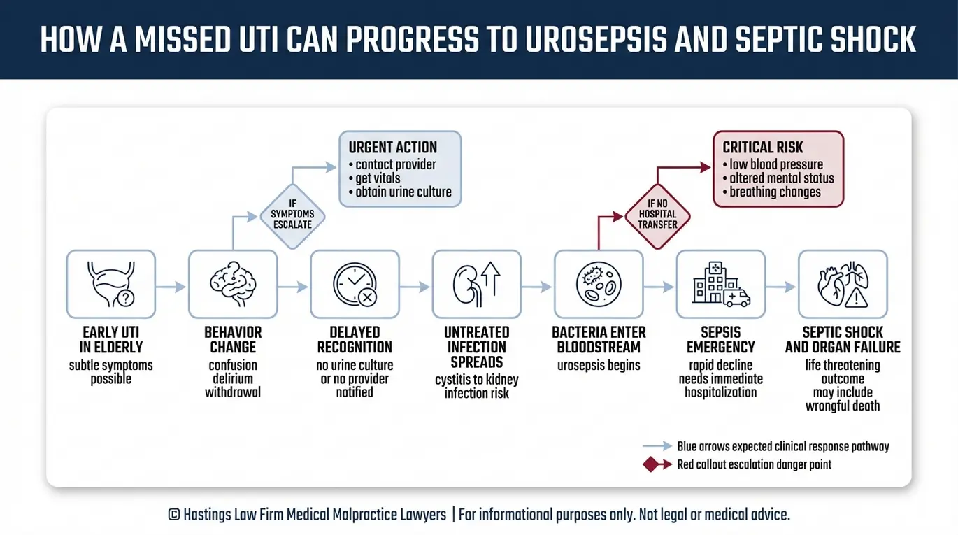 Diagrama de flujo que muestra cómo una infección urinaria no diagnosticada puede derivar en urosepsis y shock séptico, una secuencia causal que suelen explicar los abogados especializados en infecciones en hogares de ancianos de Arizona.
