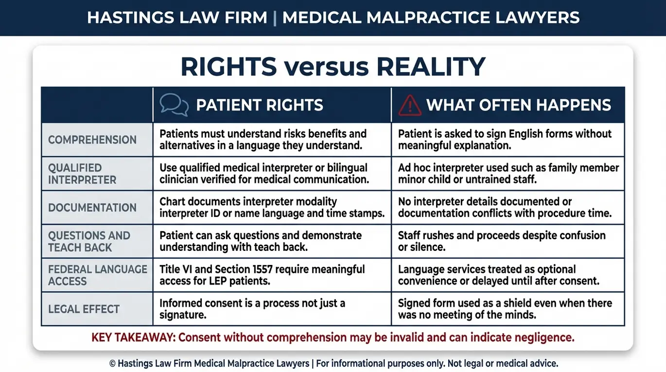 Tabla comparativa que explica los conceptos relacionados con los abogados especializados en casos de incumplimiento de la ley de consentimiento informado y la falta de intérpretes en Arizona, mediante el contraste entre los derechos de los pacientes al acceso lingüístico y la realidad habitual en los hospitales, donde los pacientes con un dominio limitado del inglés firman formularios de consentimiento sin la presencia de un intérprete calificado.