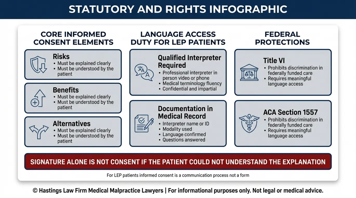 Infographic explaining Texas Informed Consent Interpreter Failure Lawyer concepts including LEP informed consent elements qualified interpreter duties and Title VI and ACA Section 1557 language access protections.