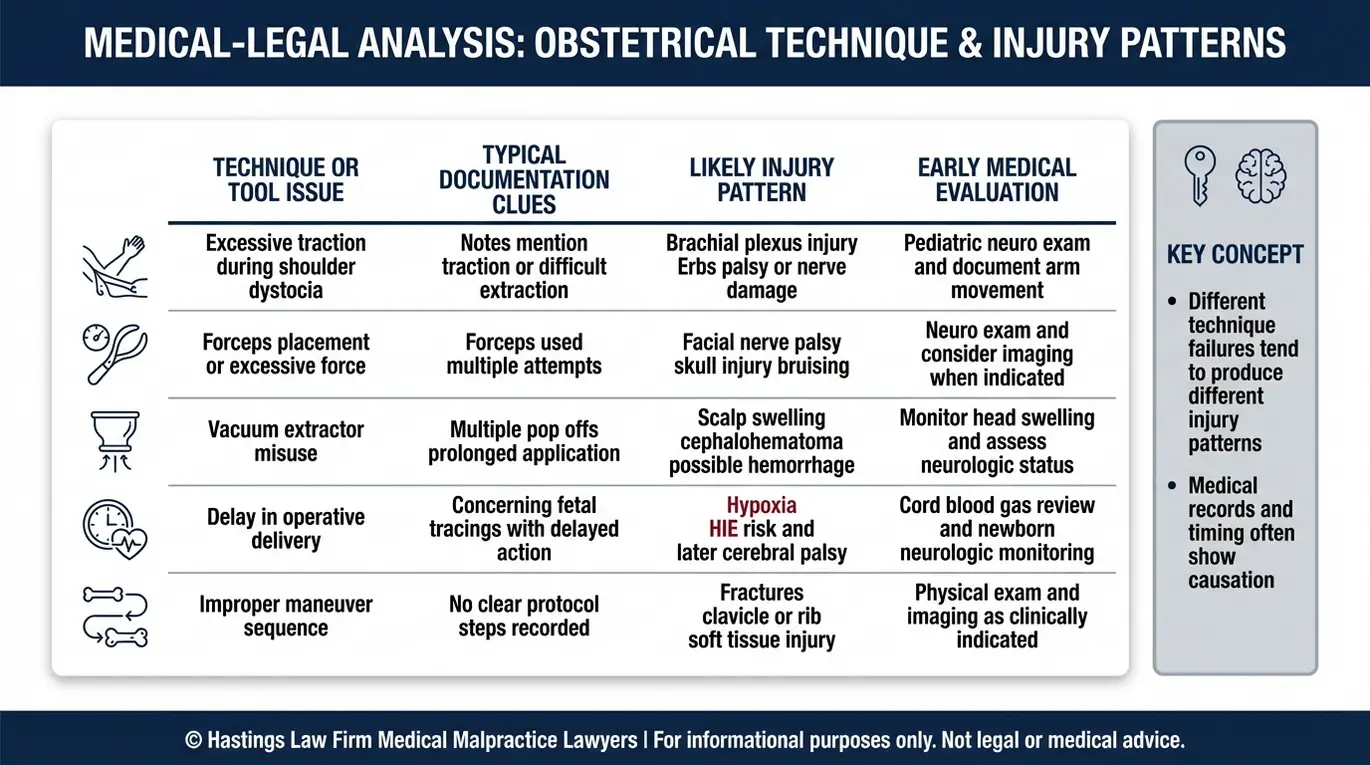 Comparison chart connecting delivery technique errors to birth injuries for readers considering a Texas Improper Delivery Technique Lawyer with rows on excessive traction forceps vacuum delay and resulting nerve fracture or hypoxia patterns.