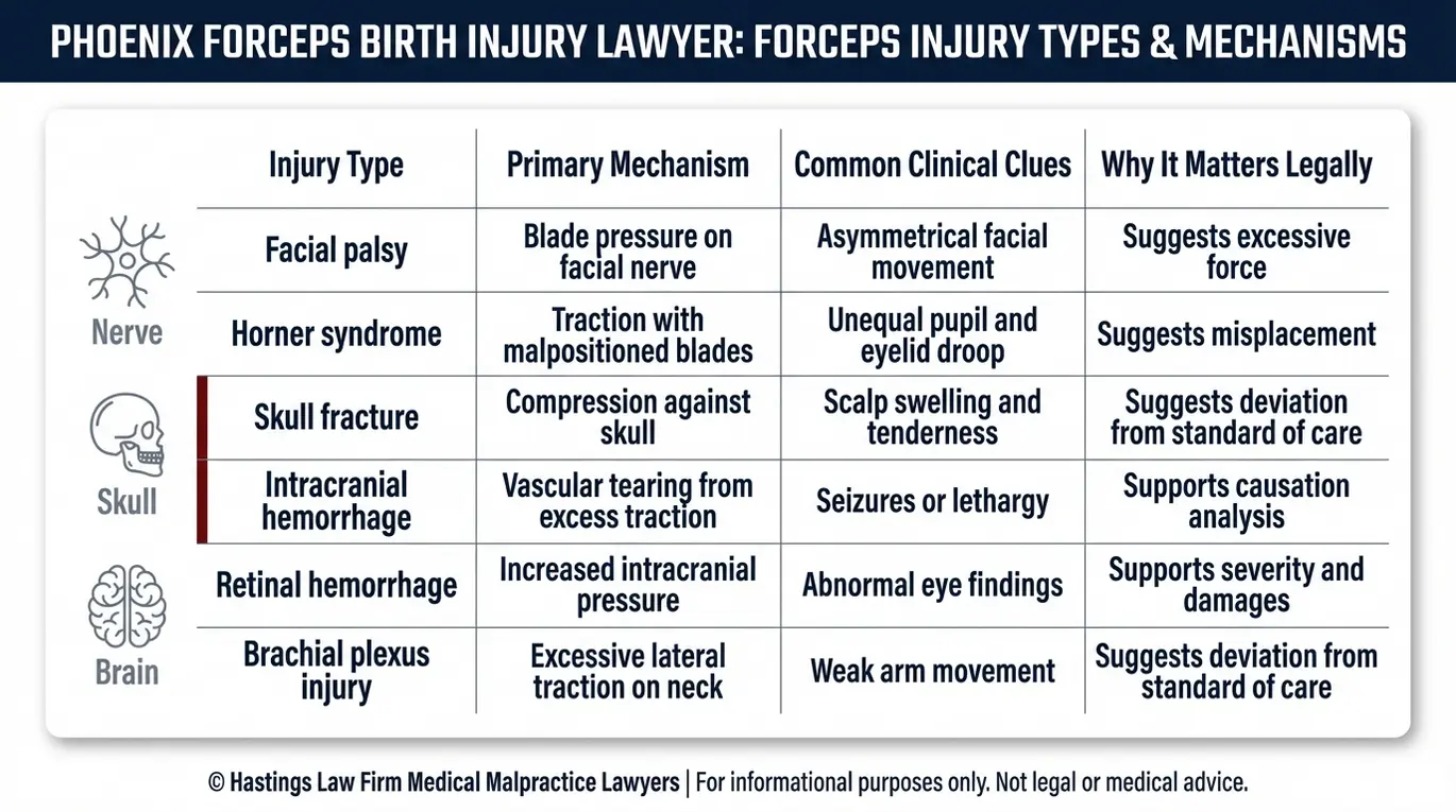 Comparison chart showing forceps delivery injury types, mechanisms, clinical clues, and legal significance for a Phoenix Forcep and Vacuum Birth Injury Lawyer case review.