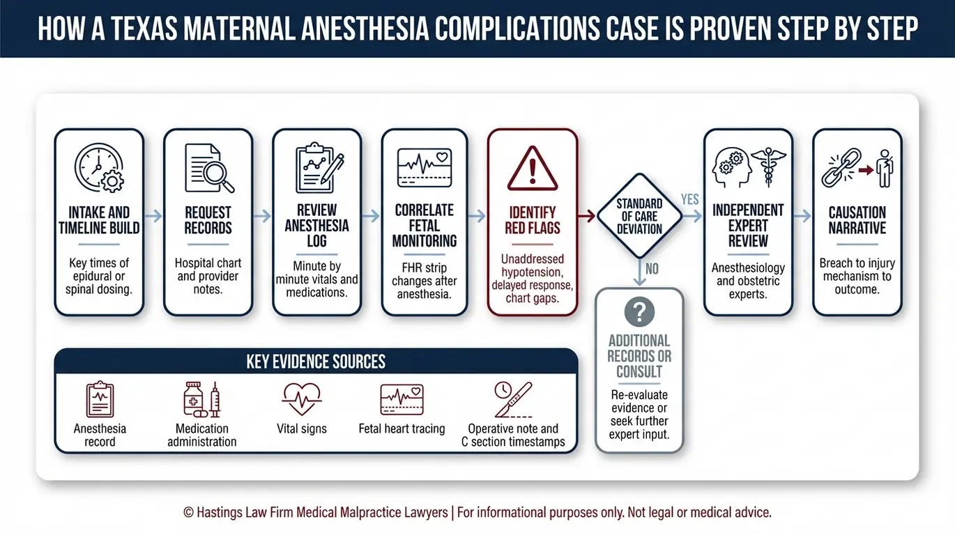 Step by step flowchart of evidence review and causation proof used by a Texas Maternal Anesthesia Complications Lawyer for epidural error claims.