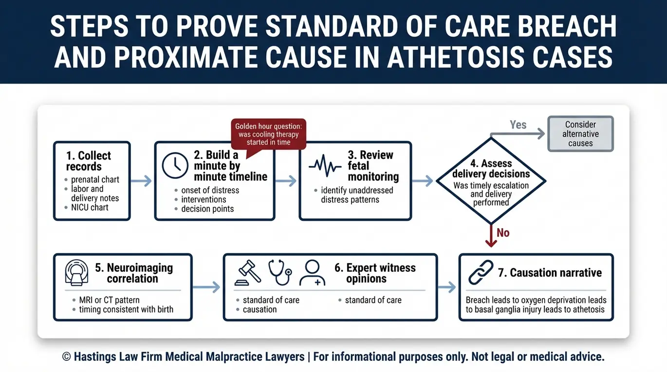Diagrama de flujo que muestra cómo los equipos de abogados especializados en negligencia médica por atetosis de Arizona demuestran el incumplimiento del estándar de atención y la causa inmediata mediante registros de monitorización fetal, neuroimágenes y testigos expertos.