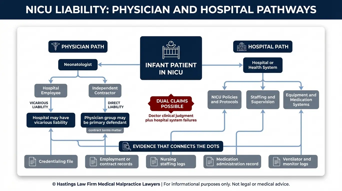 Diagrama de relaciones entre entidades que muestra las vías de responsabilidad civil del hospital frente a las del médico, que un abogado especializado en negligencia médica neonatal de Arizona evalúa en las demandas por negligencia en la UCIN.