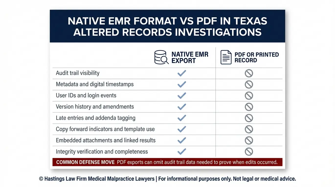 Tabla comparativa que muestra los datos nativos del sistema de registros médicos electrónicos (EMR) frente a los registros en formato PDF para un abogado especializado en registros hospitalarios alterados Texas, incluyendo marcas de tiempo de metadatos del registro de auditoría y el historial de acceso de los usuarios.