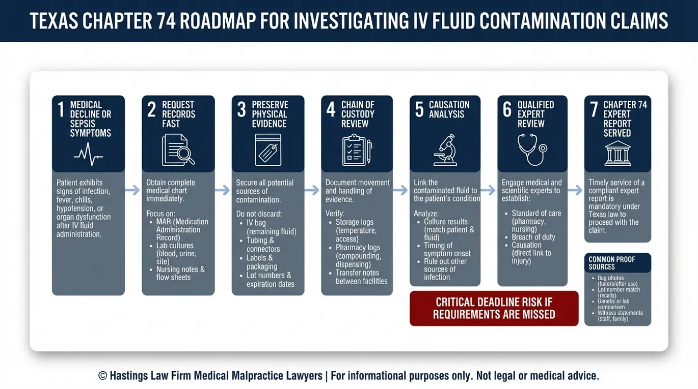 Diagrama de flujo del proceso de conservación de pruebas y de los pasos del informe pericial del Capítulo 74 que utiliza un abogado especializado en casos de contaminación de líquidos intravenosos Texas para investigar casos de infecciones intravenosas.