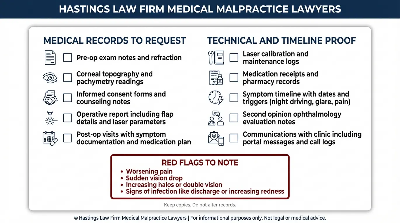 Lista de verificación de precauciones para un abogado especializado en negligencia médica de cirujanos refractivos Texas, en la que se detallan los registros que se deben solicitar tras una cirugía LASIK u otra cirugía refractiva, incluyendo topografía, paquimetría, consentimiento, notas quirúrgicas, registros láser, cronología de los síntomas y señales de alerta como el empeoramiento del dolor, una infección o la pérdida repentina de la visión.