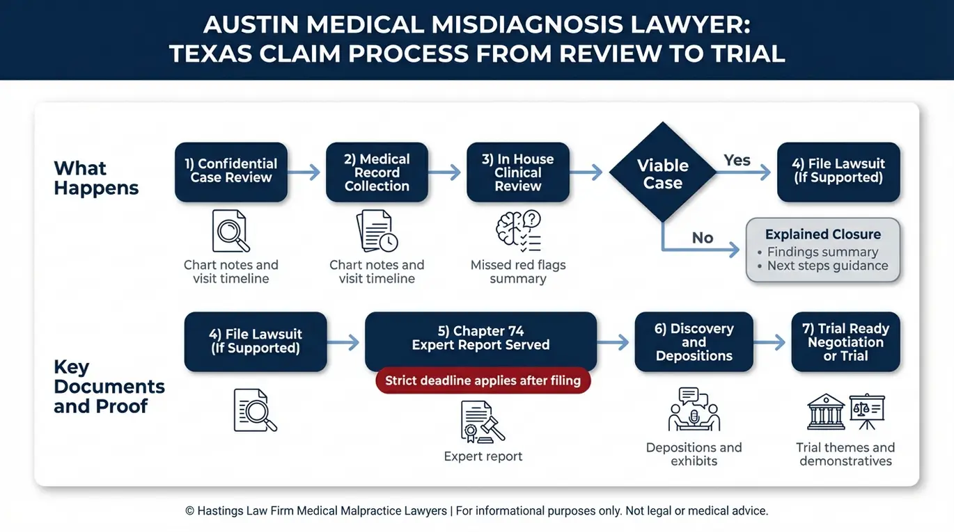 Diagrama de flujo de dos líneas temporales elaborado por un abogado especializado en diagnósticos erróneos de Austin, que muestra los pasos de la investigación y el litigio en casos de diagnóstico erróneo según el modelo Texas, junto con los documentos clave y los puntos de decisión.