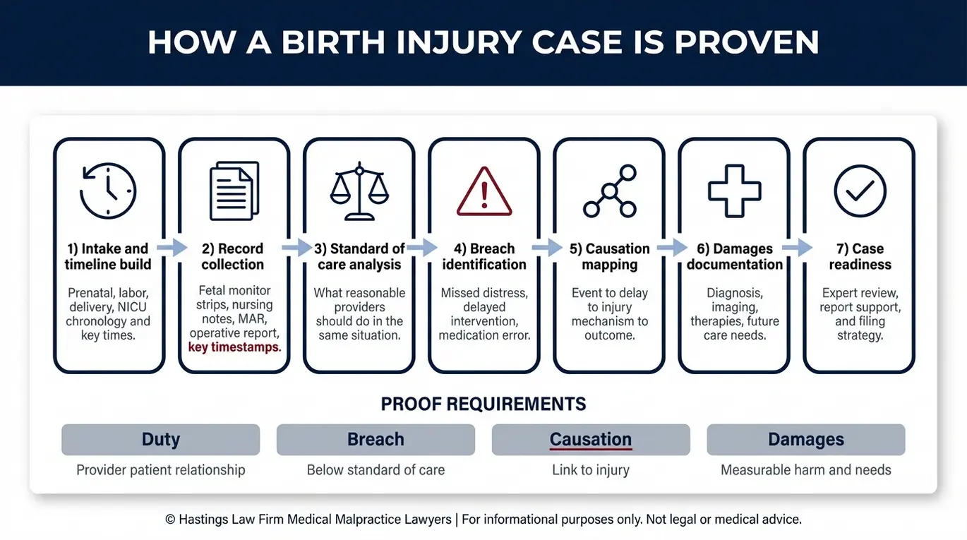 Process flowchart showing how a Texas Birth Injury Lawyer investigates a birth injury claim using medical records fetal monitoring strips staffing logs expert review and causation steps.