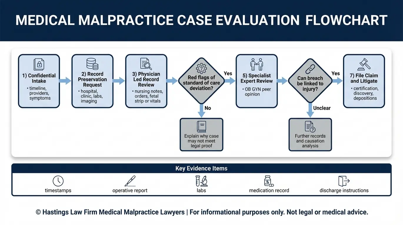 Diagrama de flujo que muestra cómo un abogado especializado en negligencia médica ginecológica de Arizona investiga los casos de negligencia obstétrica y ginecológica, desde la admisión del caso y la revisión de los expedientes hasta la validación por parte de expertos y la presentación de la demanda.