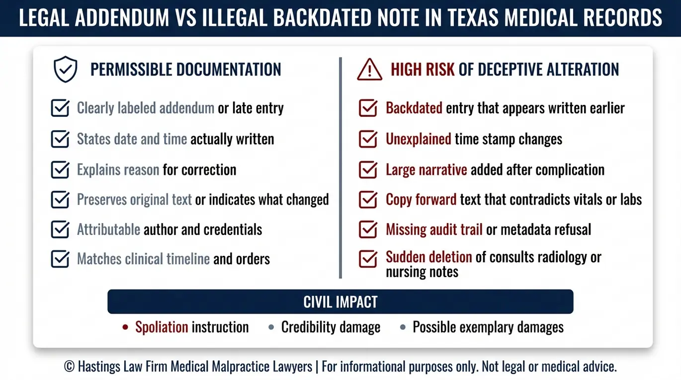 Lista de verificación de advertencias que compara un anexo legal con una nota ilegal con fecha retroactiva, con consecuencias de destrucción de pruebas para una evaluación por parte de un abogado especializada en registros hospitalarios alterados según el principio Texas.