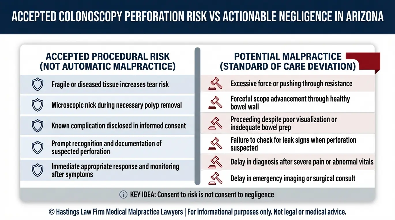 Comparison chart explaining when a perforated bowel after colonoscopy is a known risk versus potential malpractice for an Arizona Colonoscopy Perforation Lawyer evaluation.