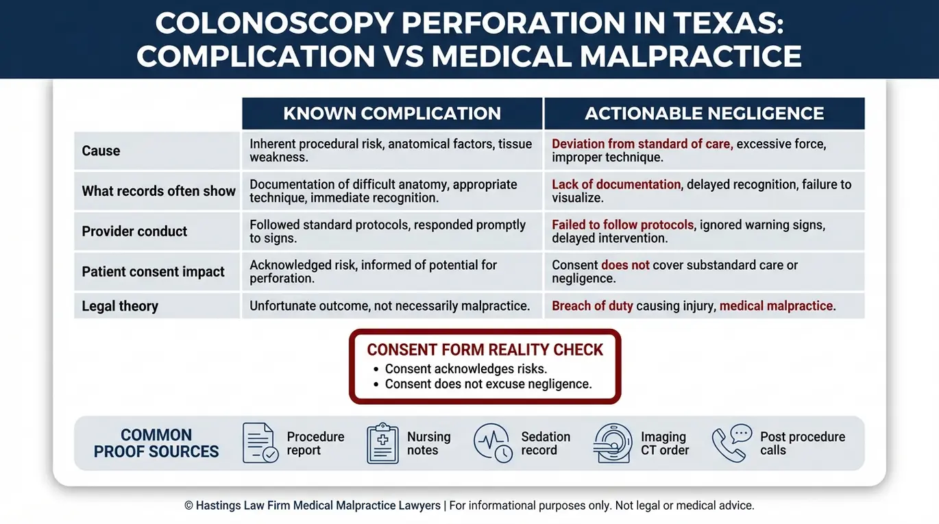 Comparison chart explaining when a colonoscopy perforation is a known complication versus medical malpractice for a Texas Colonoscopy Perforation Lawyer case.