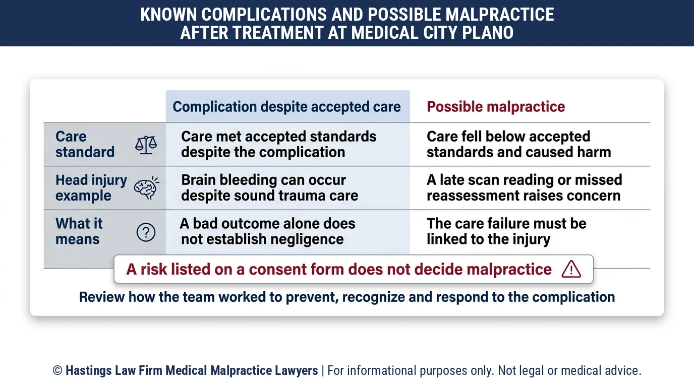 Can a hospital negligence lawyer prove malpractice when a known complication follows treatment at Medical City Plano Hospital.