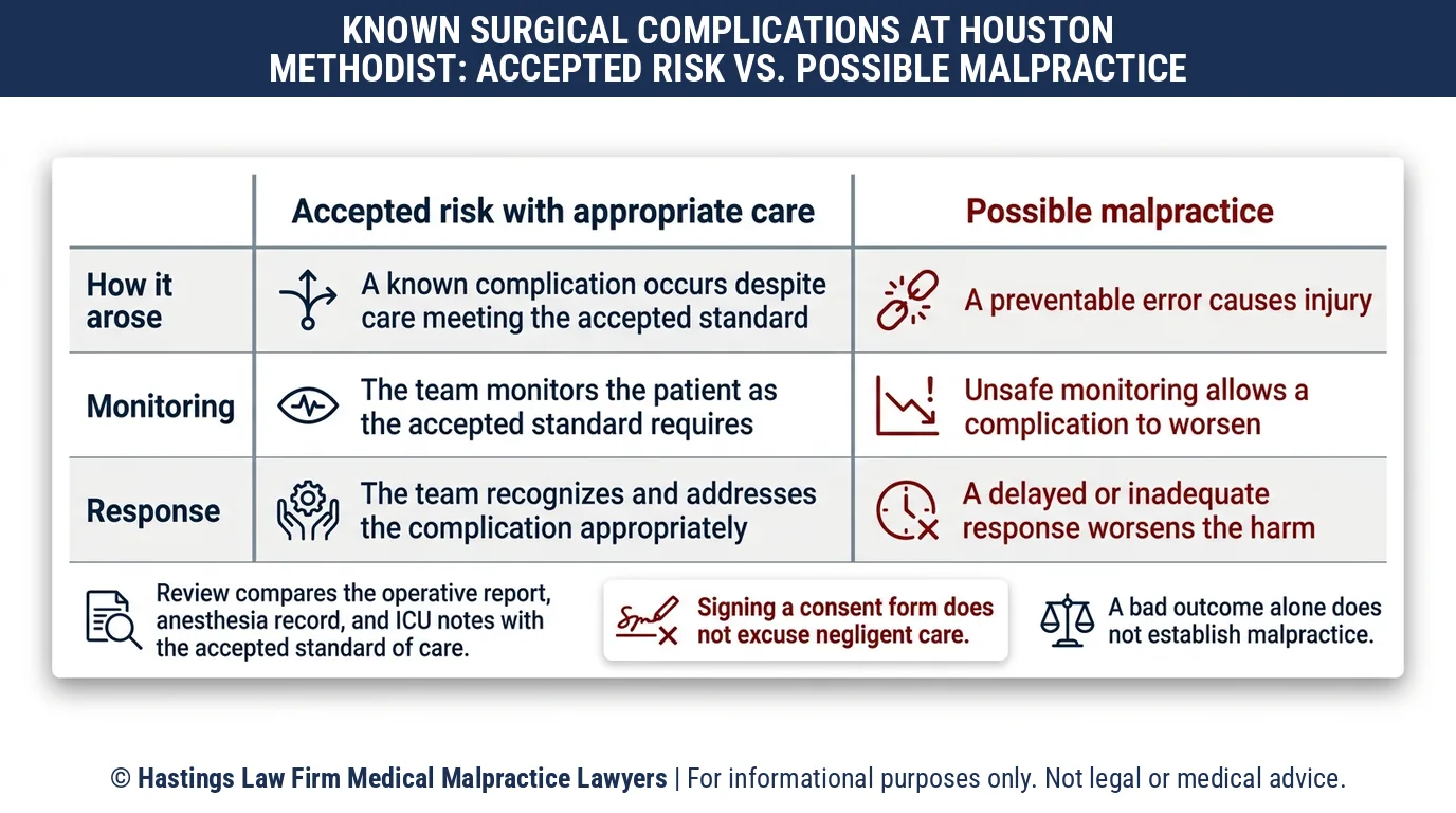 When does a surgery complication at Houston Methodist Hospital become a case for a hospital malpractice attorney.