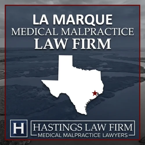 Best Medical Malpractice Attorneys in La Marque Texas A landscape scene of La Marque Texas. A red star pinpoints the location where local Medical Malpractice Lawyers have helped injured patients. The Hastings Law Firm logo appears at the bottom.