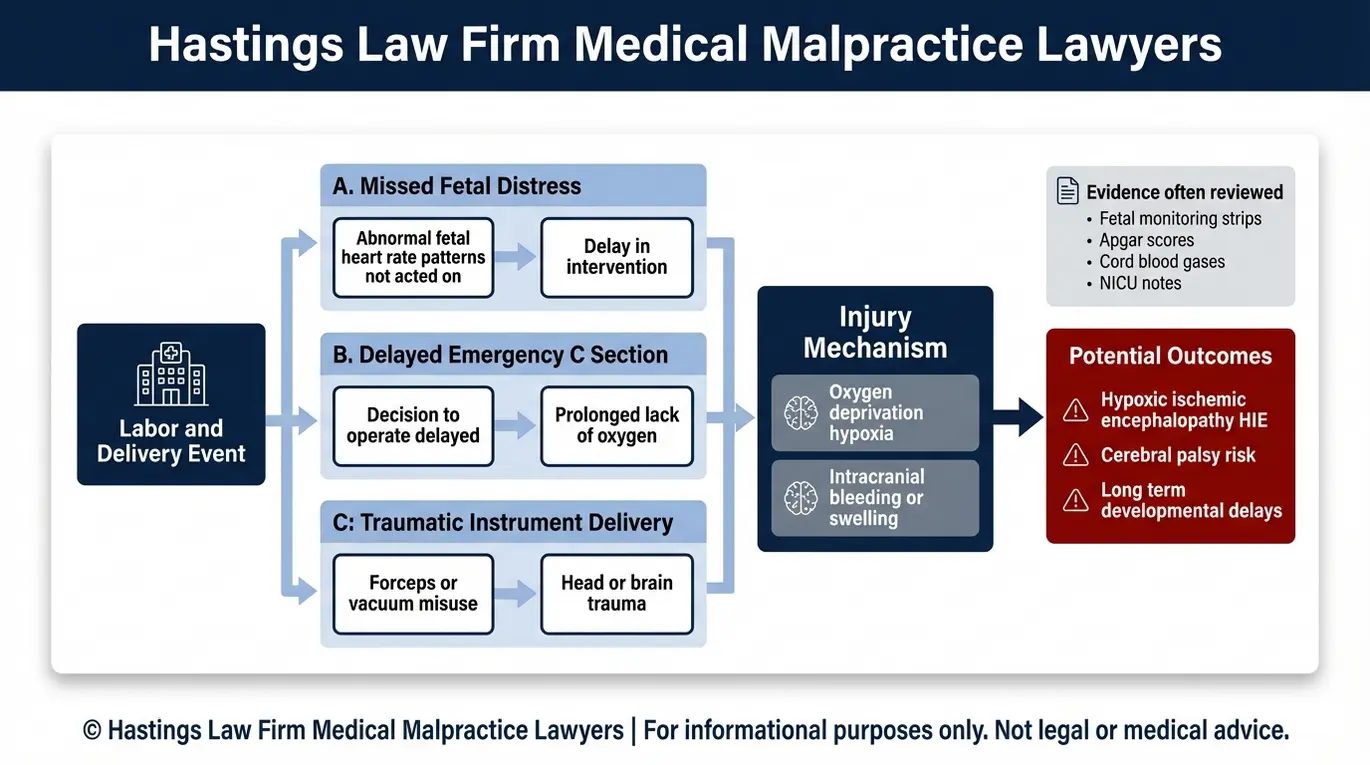 Process flowchart showing labor errors to hypoxia or trauma to HIE cerebral palsy and developmental delays as reviewed by an Arizona Developmental Delay Birth Injury Lawyer.