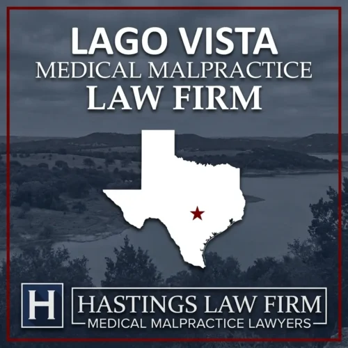 Best Medical Malpractice Attorneys in Lago Vista Texas A landscape scene of Lago Vista Texas. A red star pinpoints the location where local Medical Malpractice Lawyers have helped injured patients. The Hastings Law Firm logo appears at the bottom.
