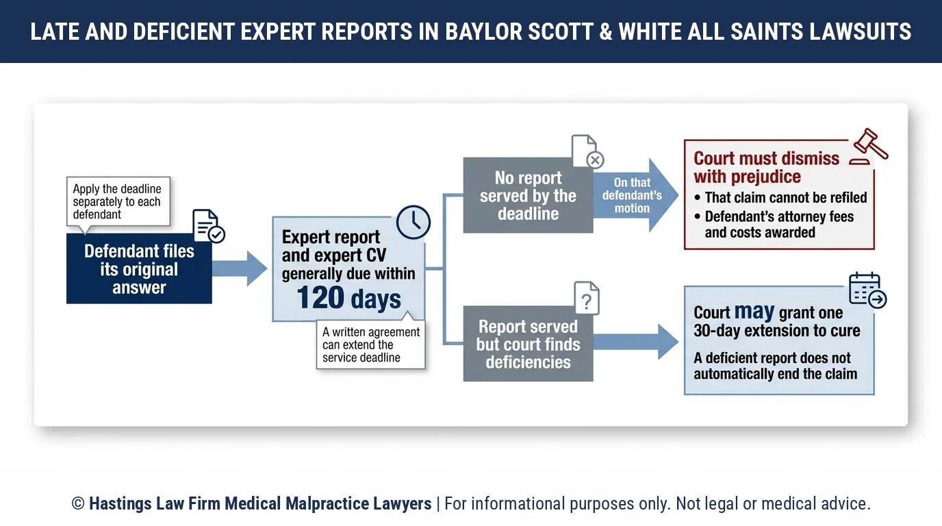 What happens if the expert report is late in a Baylor Scott & White All Saints case, explained by a hospital negligence lawyer.