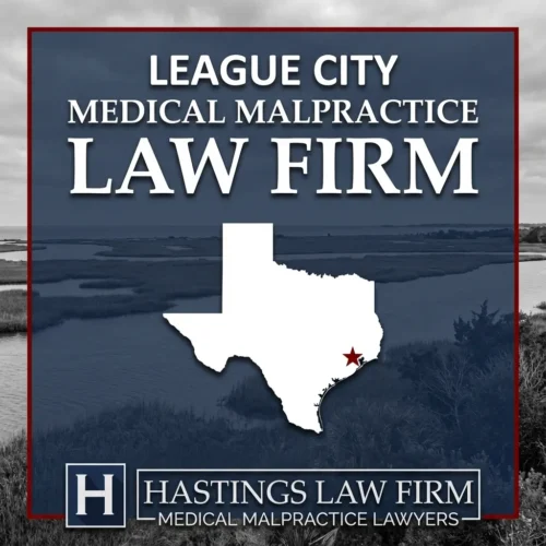 Los mejores abogados especializados en negligencia médica en League City Texas Una vista panorámica de League City Texas. Una estrella roja señala el lugar donde los abogados locales especializados en negligencia médica han ayudado a pacientes lesionados. El logotipo de Hastings Law Firm aparece en la parte inferior.