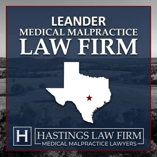 Los mejores abogados especializados en negligencia médica en Leander Texas Una imagen panorámica de Leander Texas. Una estrella roja señala el lugar donde los abogados locales especializados en negligencia médica han ayudado a pacientes lesionados. El logotipo Hastings Law Firm aparece en la parte inferior.